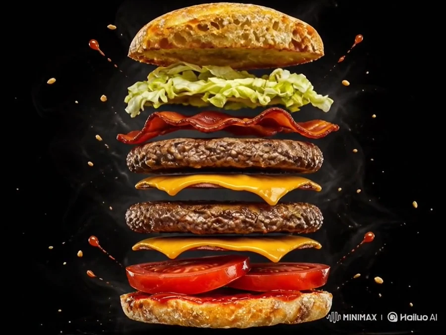 Le burger signature MaGi'c SnacK, vue éclatée puis assemblée au scroll