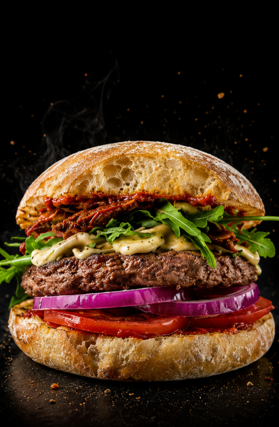 Le burger L'ITALIEN avec parmesan, tomates séchées et huile d'olive