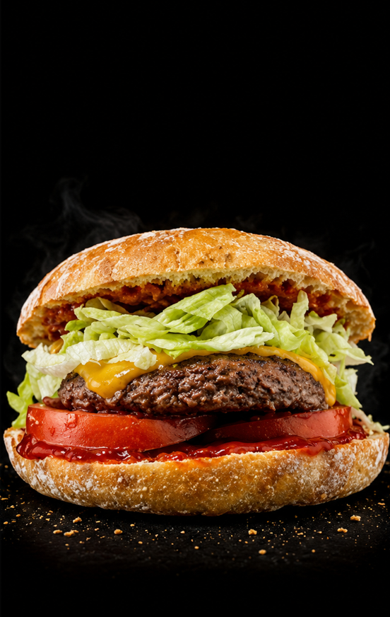 Le burger LE CLASSIC avec fromage, tomates et salade