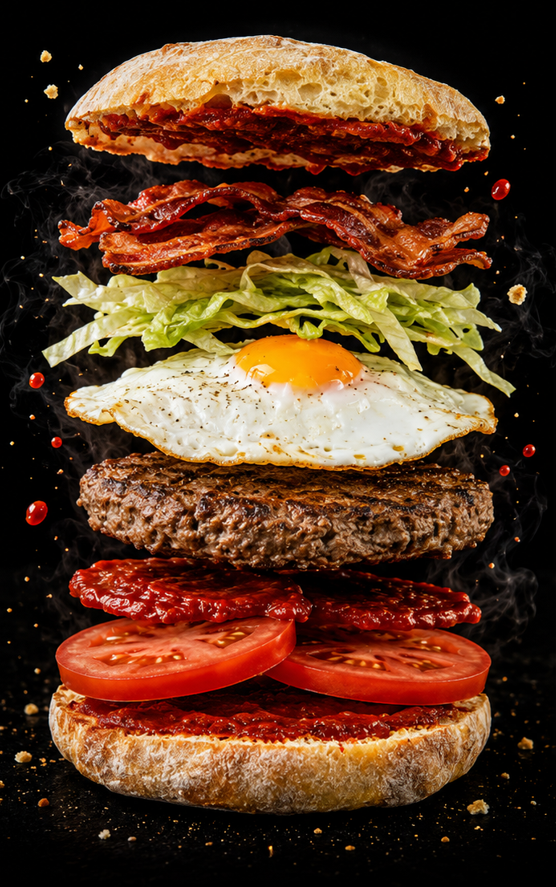 Le burger Le Magi'c de MaGi'c SnacK, vue éclatée détaillant chaque ingrédient