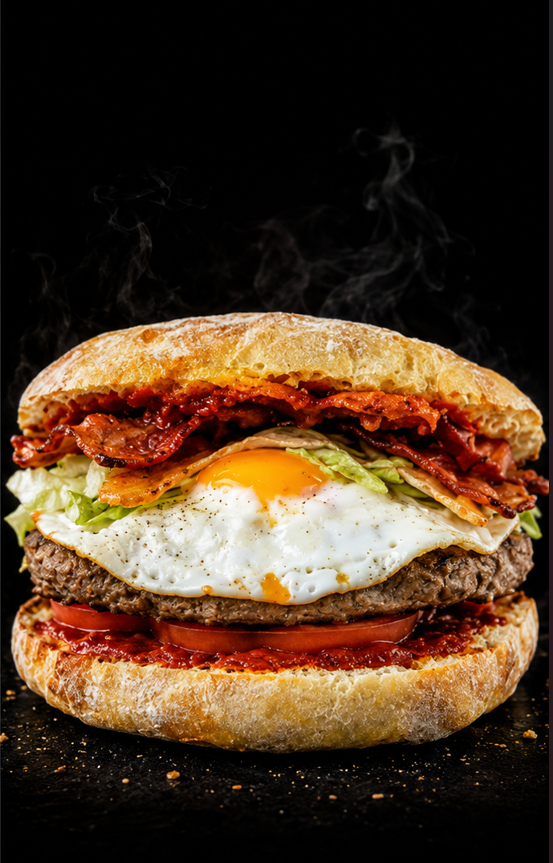 Le burger LE MAGI'C avec steak haché, œuf au plat, chorizo grillé, tomates et salade