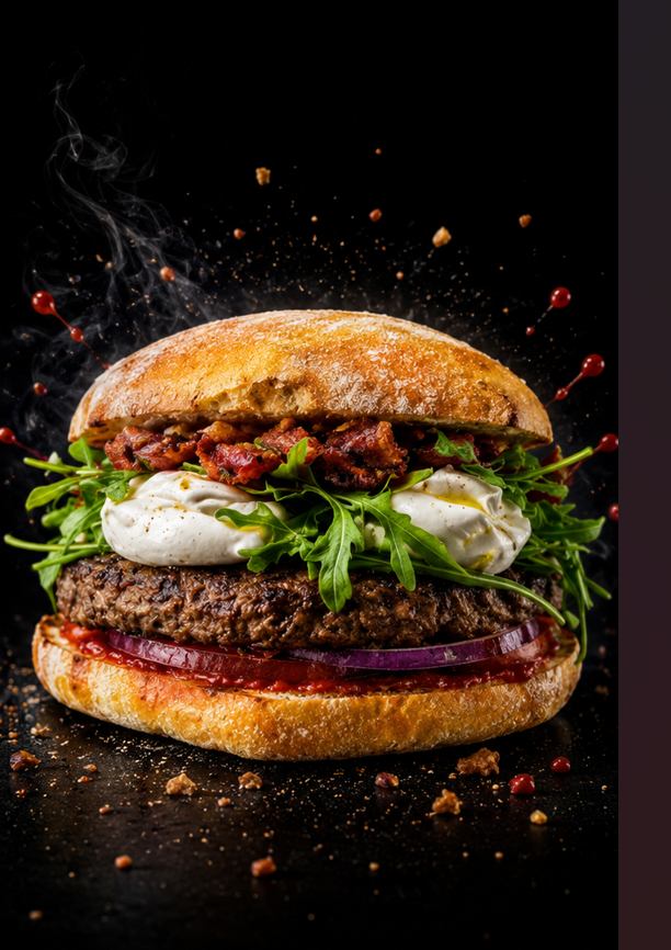 Le burger IL SALENTINO avec mozzarella di bufala, oignons rouges et rucola