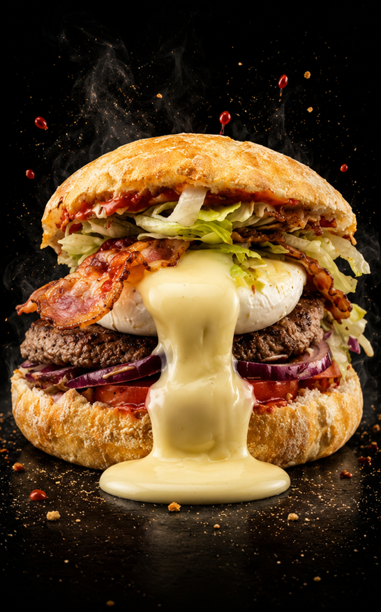 Le burger LE VAUDOIS avec tomme vaudoise poêlée, chorizo et bacon