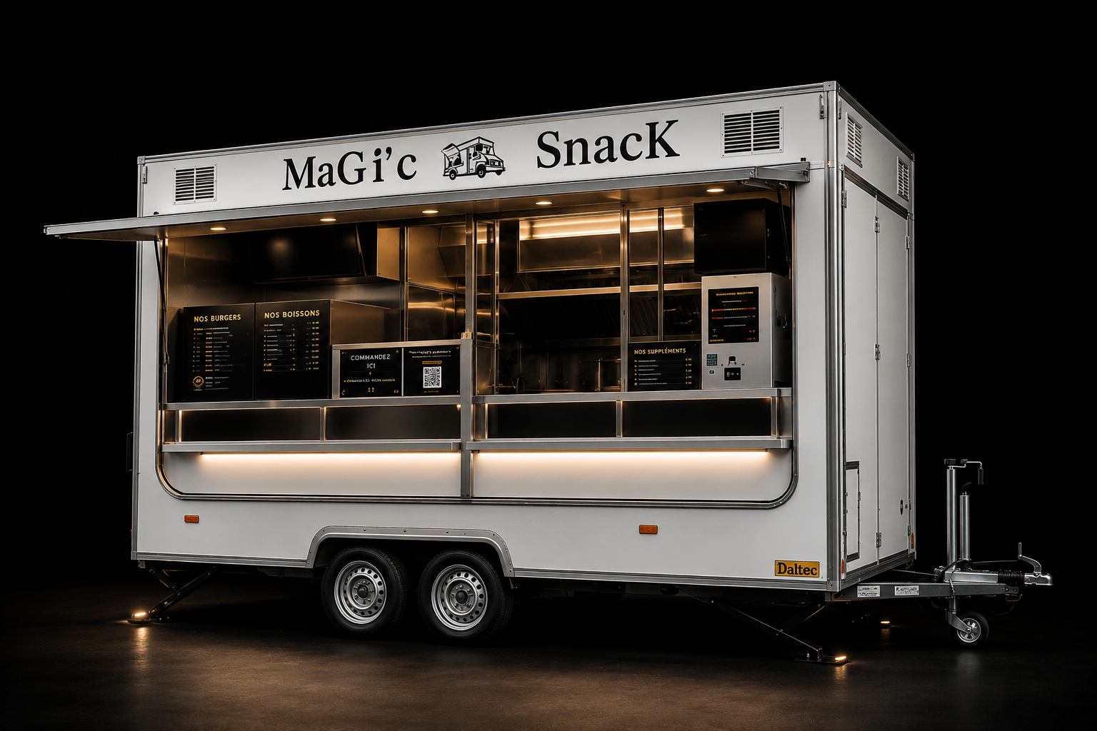 Le foodtruck MaGi'c SnacK stationné, façade avec menu et enseigne